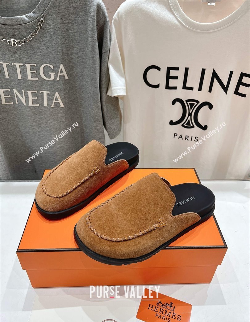 Hermes Johan Flat Mules in Suede with Braided Leather Detail Brown2 2024 (MD-241230133)