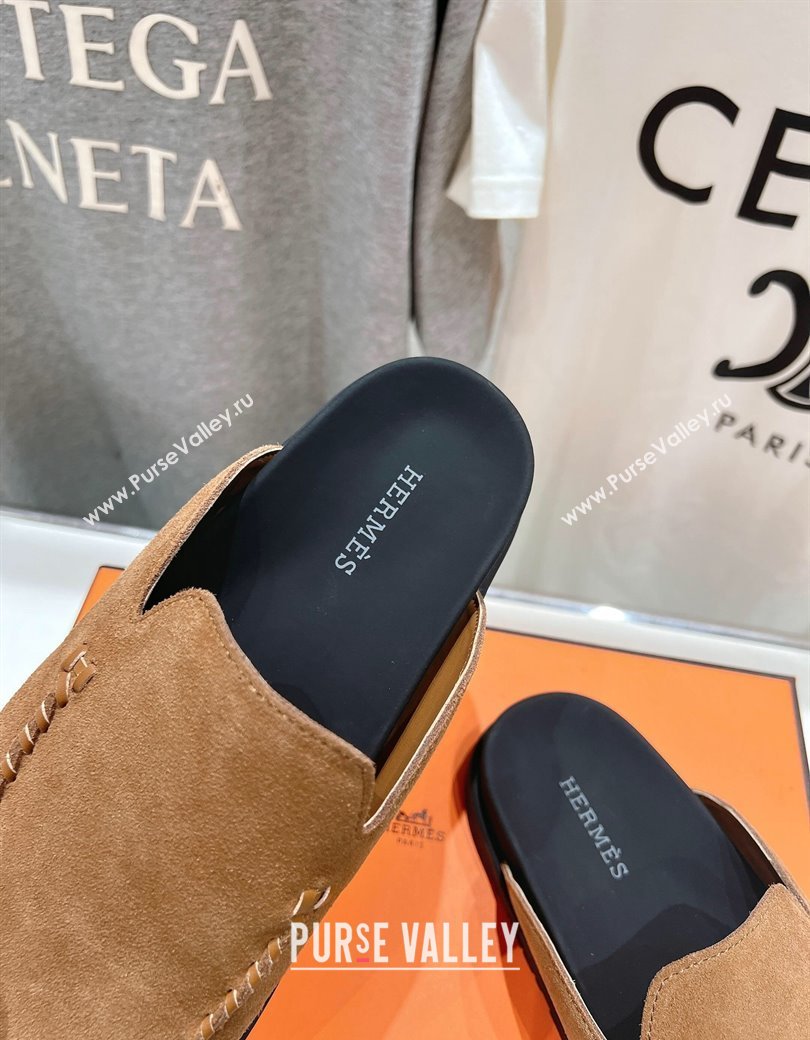 Hermes Johan Flat Mules in Suede with Braided Leather Detail Brown2 2024 (MD-241230133)