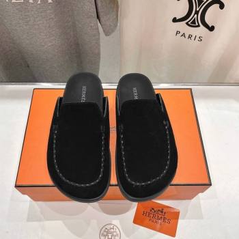 Hermes Johan Flat Mules in Suede with Braided Leather Detail Black 2024 (MD-241230134)