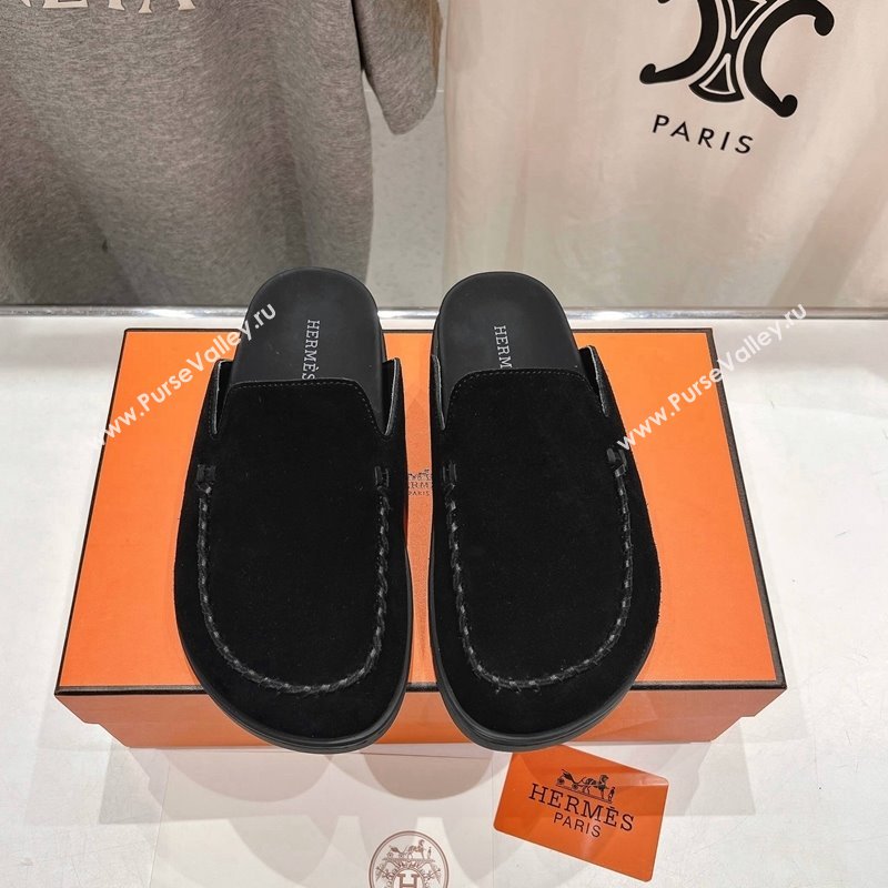 Hermes Johan Flat Mules in Suede with Braided Leather Detail Black 2024 (MD-241230134)