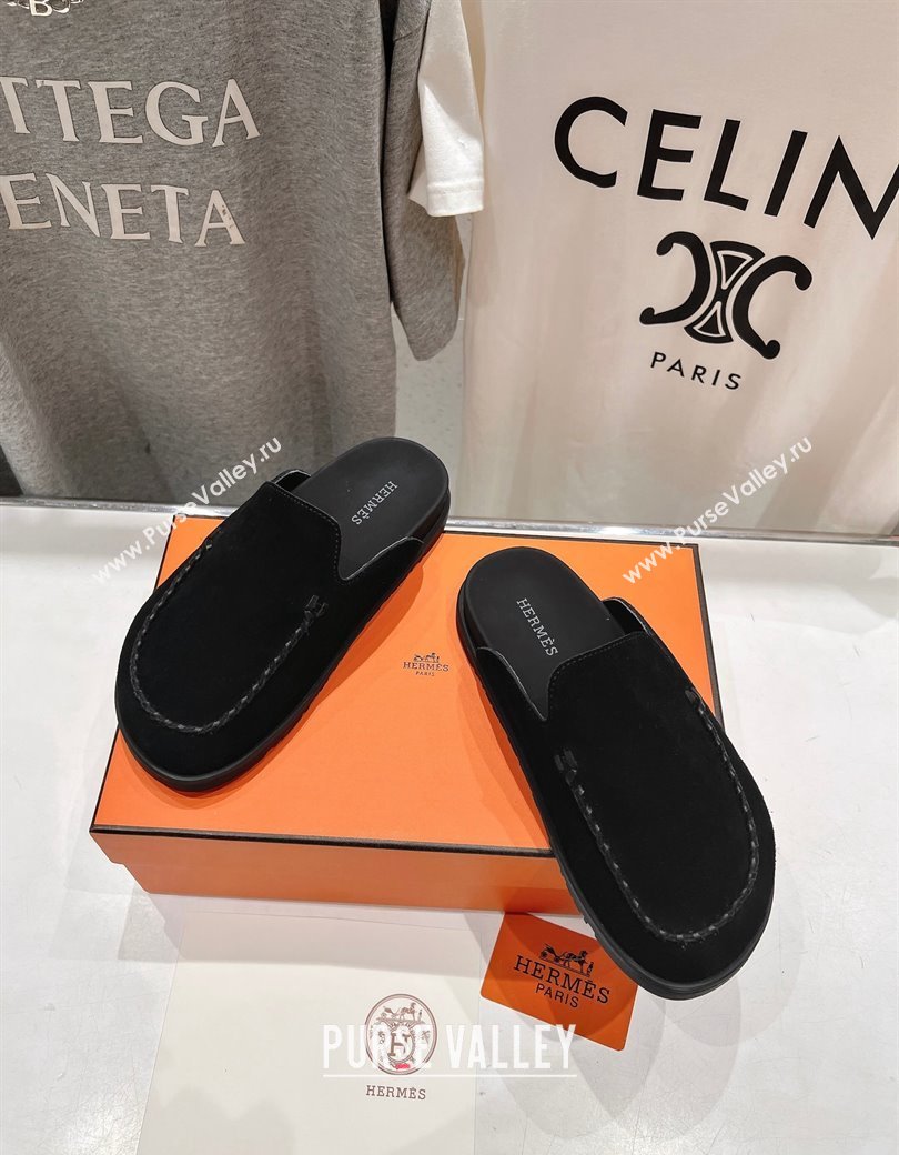 Hermes Johan Flat Mules in Suede with Braided Leather Detail Black 2024 (MD-241230134)