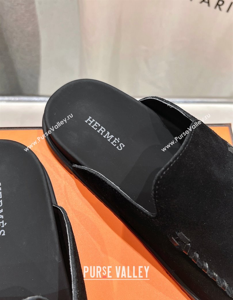 Hermes Johan Flat Mules in Suede with Braided Leather Detail Black 2024 (MD-241230134)