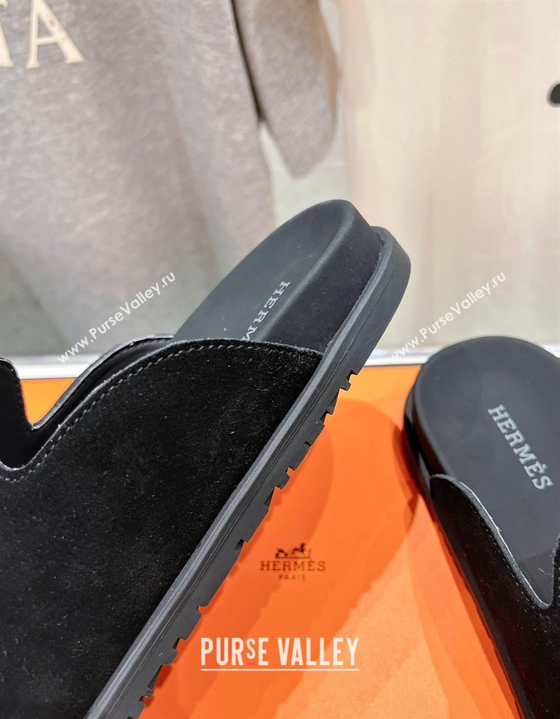 Hermes Johan Flat Mules in Suede with Braided Leather Detail Black 2024 (MD-241230134)