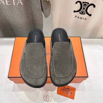 Hermes Johan Flat Mules in Suede with Braided Leather Detail Dark Grey 2024 (MD-241230135)