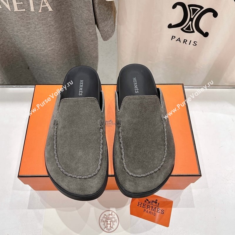 Hermes Johan Flat Mules in Suede with Braided Leather Detail Dark Grey 2024 (MD-241230135)