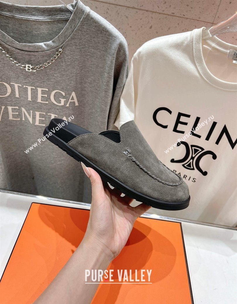 Hermes Johan Flat Mules in Suede with Braided Leather Detail Dark Grey 2024 (MD-241230135)