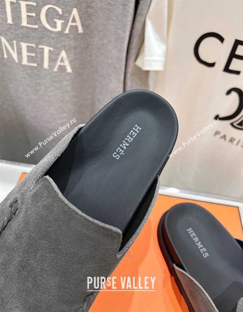 Hermes Johan Flat Mules in Suede with Braided Leather Detail Dark Grey 2024 (MD-241230135)