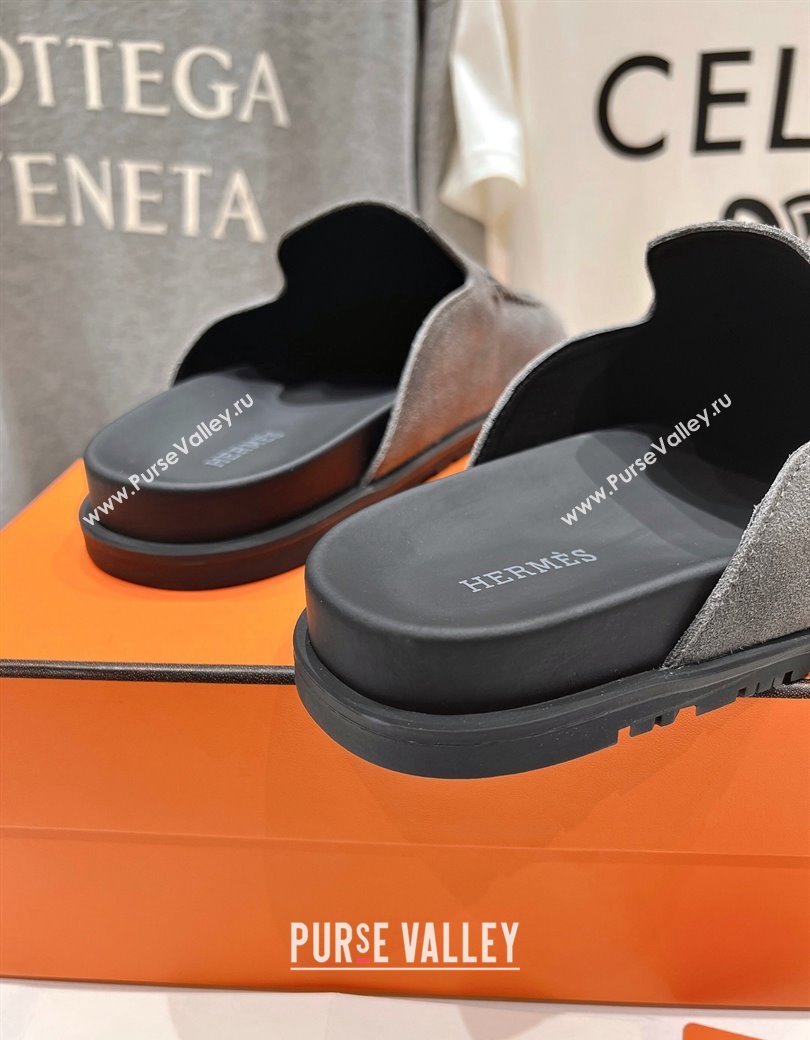 Hermes Johan Flat Mules in Suede with Braided Leather Detail Dark Grey 2024 (MD-241230135)