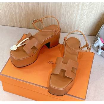 Hermes Jam Platform Sandals 7.5cm in Grained Leather Brown 2024 (MD-241230146)