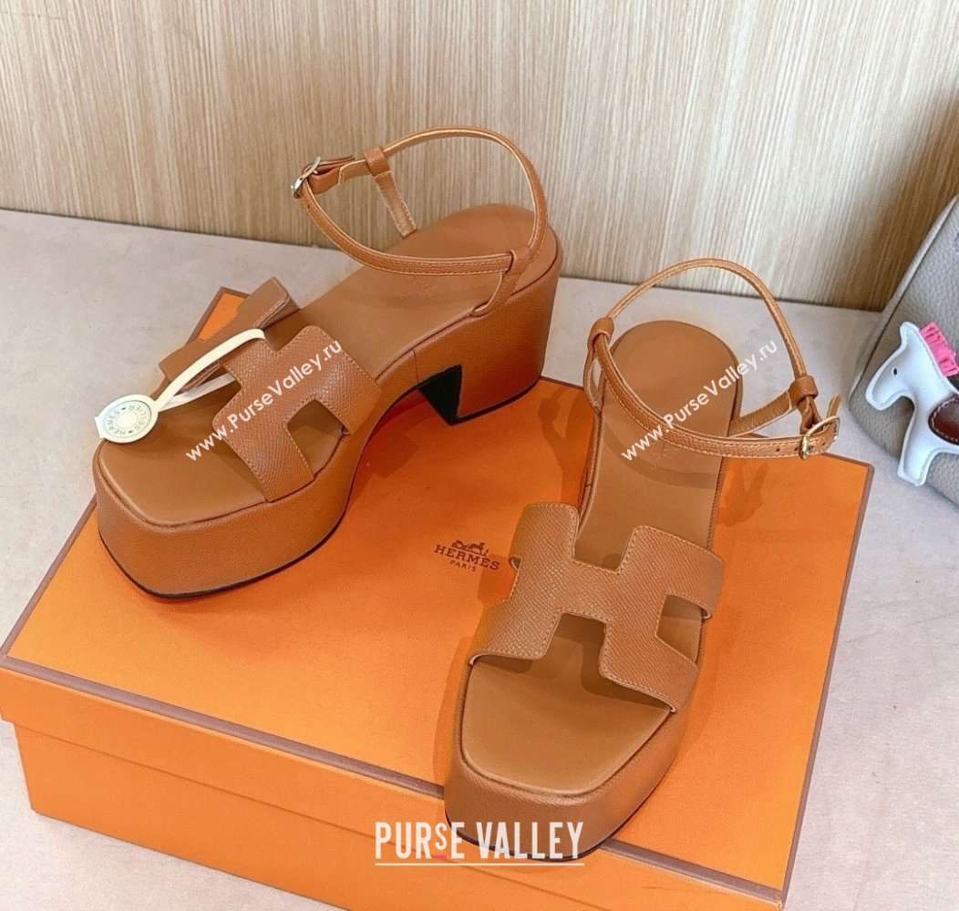 Hermes Jam Platform Sandals 7.5cm in Grained Leather Brown 2024 (MD-241230146)