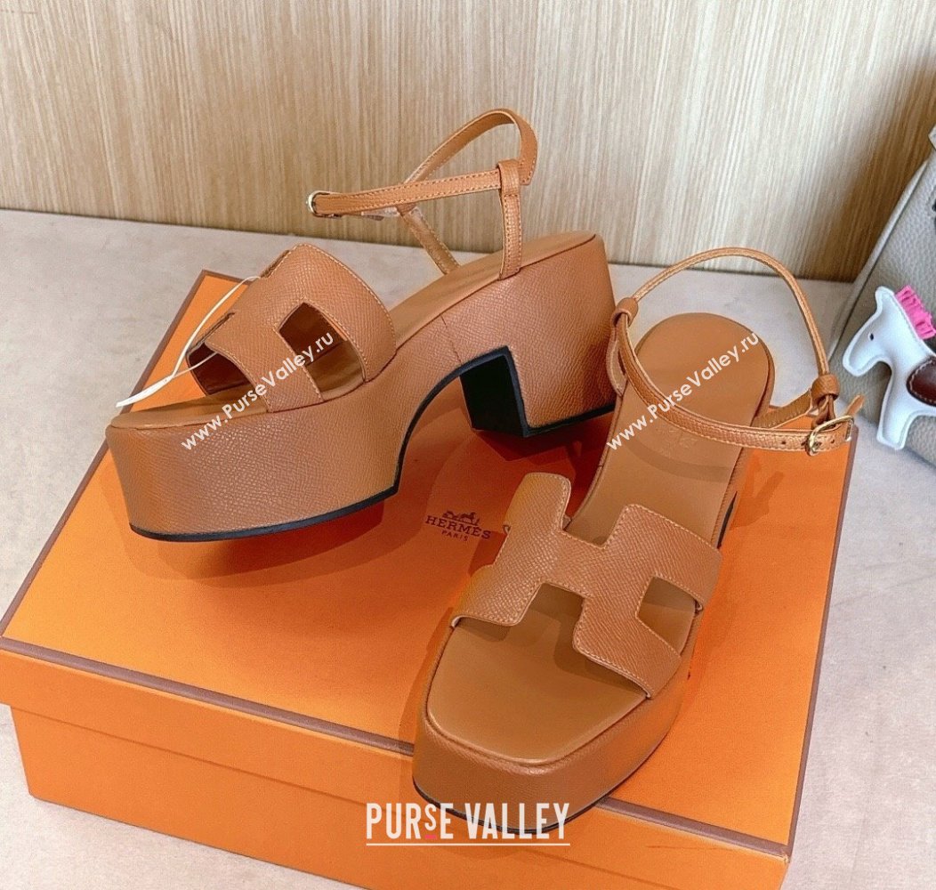 Hermes Jam Platform Sandals 7.5cm in Grained Leather Brown 2024 (MD-241230146)