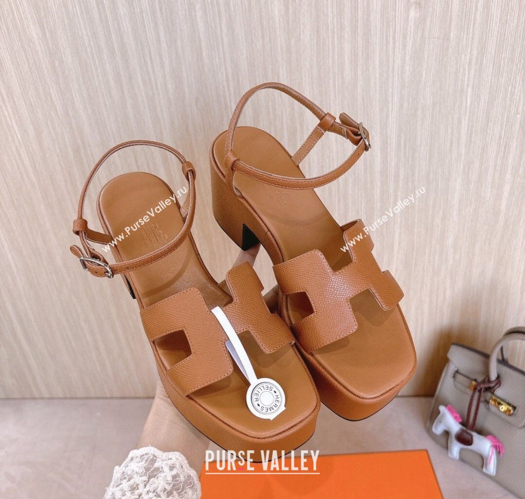 Hermes Jam Platform Sandals 7.5cm in Grained Leather Brown 2024 (MD-241230146)