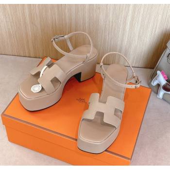 Hermes Jam Platform Sandals 7.5cm in Grained Leather Beige 2024 (MD-241230147)