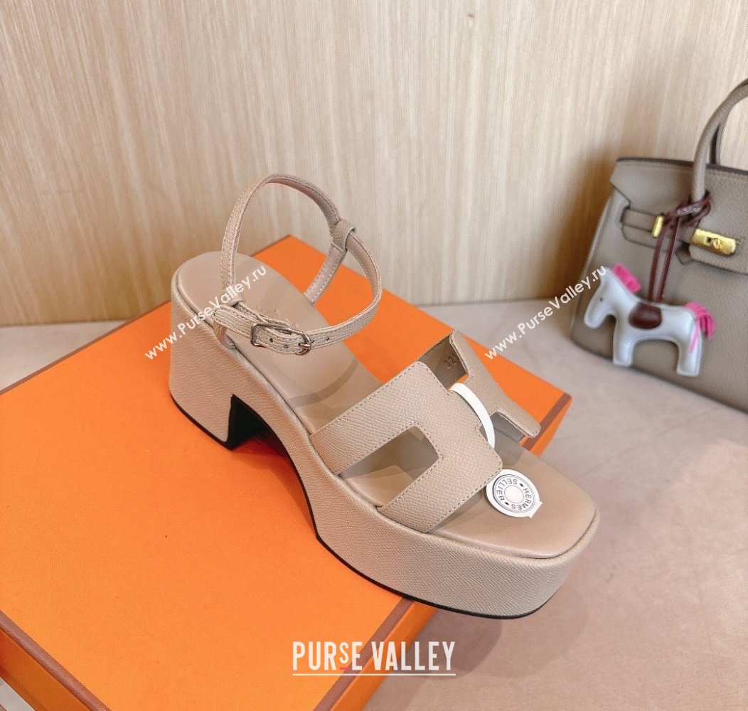 Hermes Jam Platform Sandals 7.5cm in Grained Leather Beige 2024 (MD-241230147)