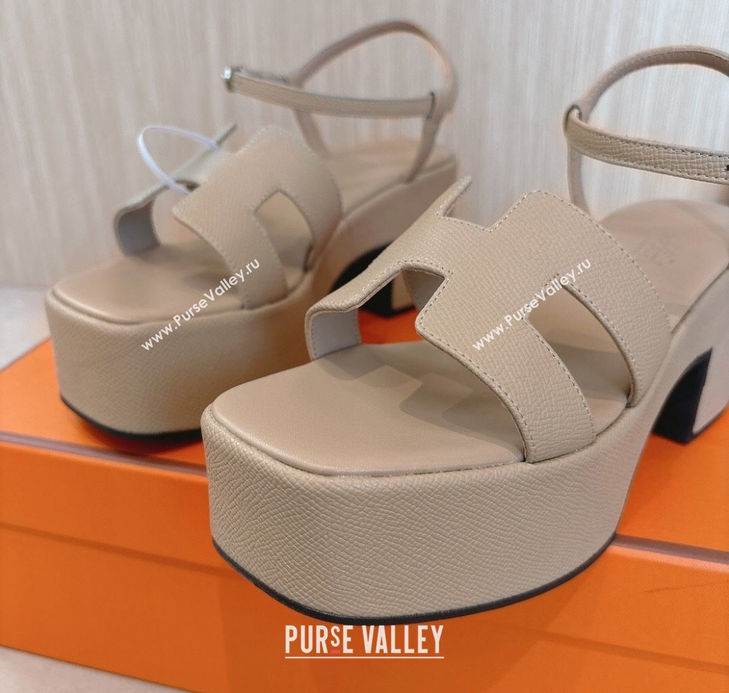 Hermes Jam Platform Sandals 7.5cm in Grained Leather Beige 2024 (MD-241230147)