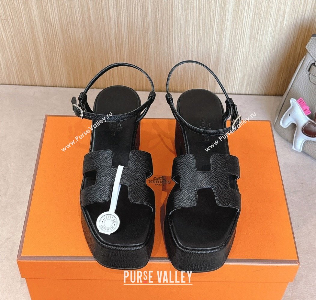 Hermes Jam Platform Sandals 7.5cm in Grained Leather Black 2024 (MD-241230148)