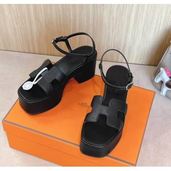 Hermes Jam Platform Sandals 7.5cm in Grained Leather Black 2024 (MD-241230148)