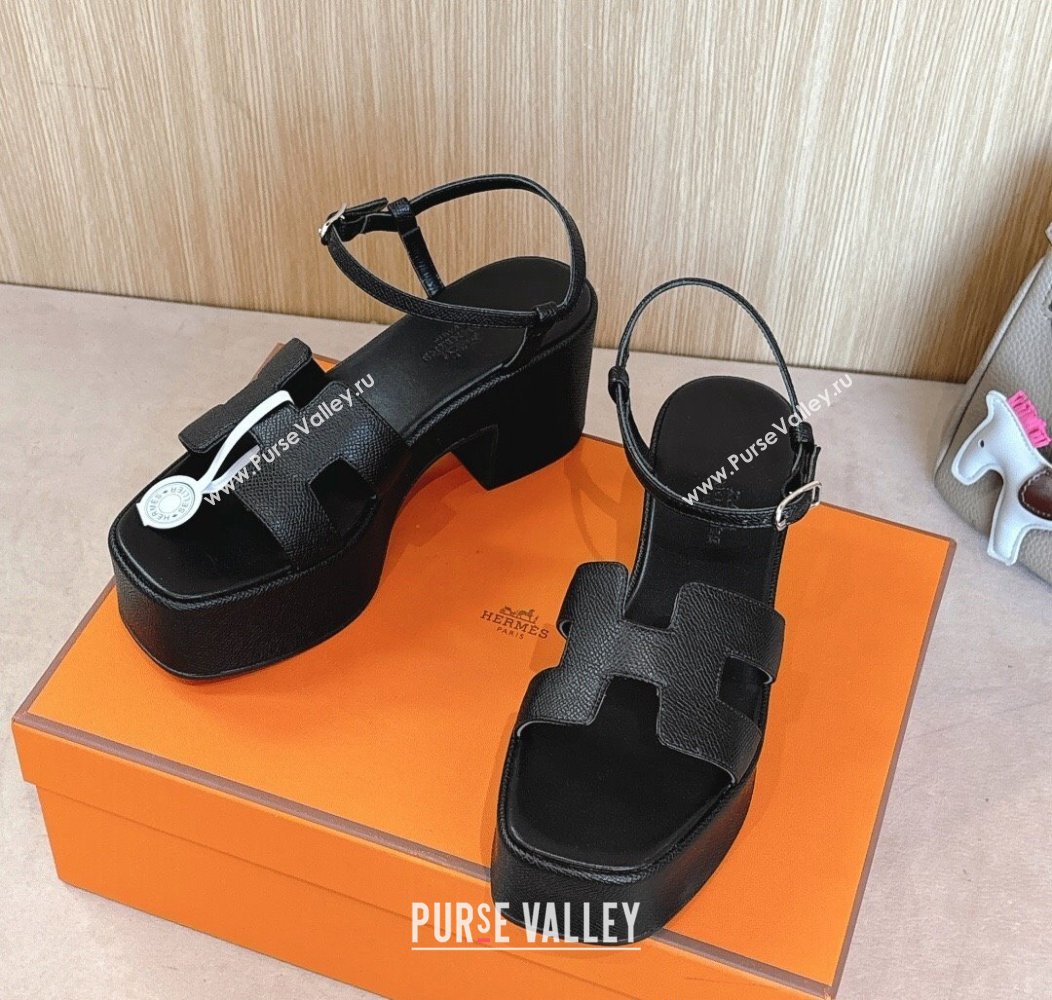 Hermes Jam Platform Sandals 7.5cm in Grained Leather Black 2024 (MD-241230148)