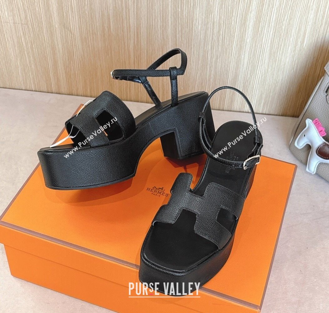 Hermes Jam Platform Sandals 7.5cm in Grained Leather Black 2024 (MD-241230148)