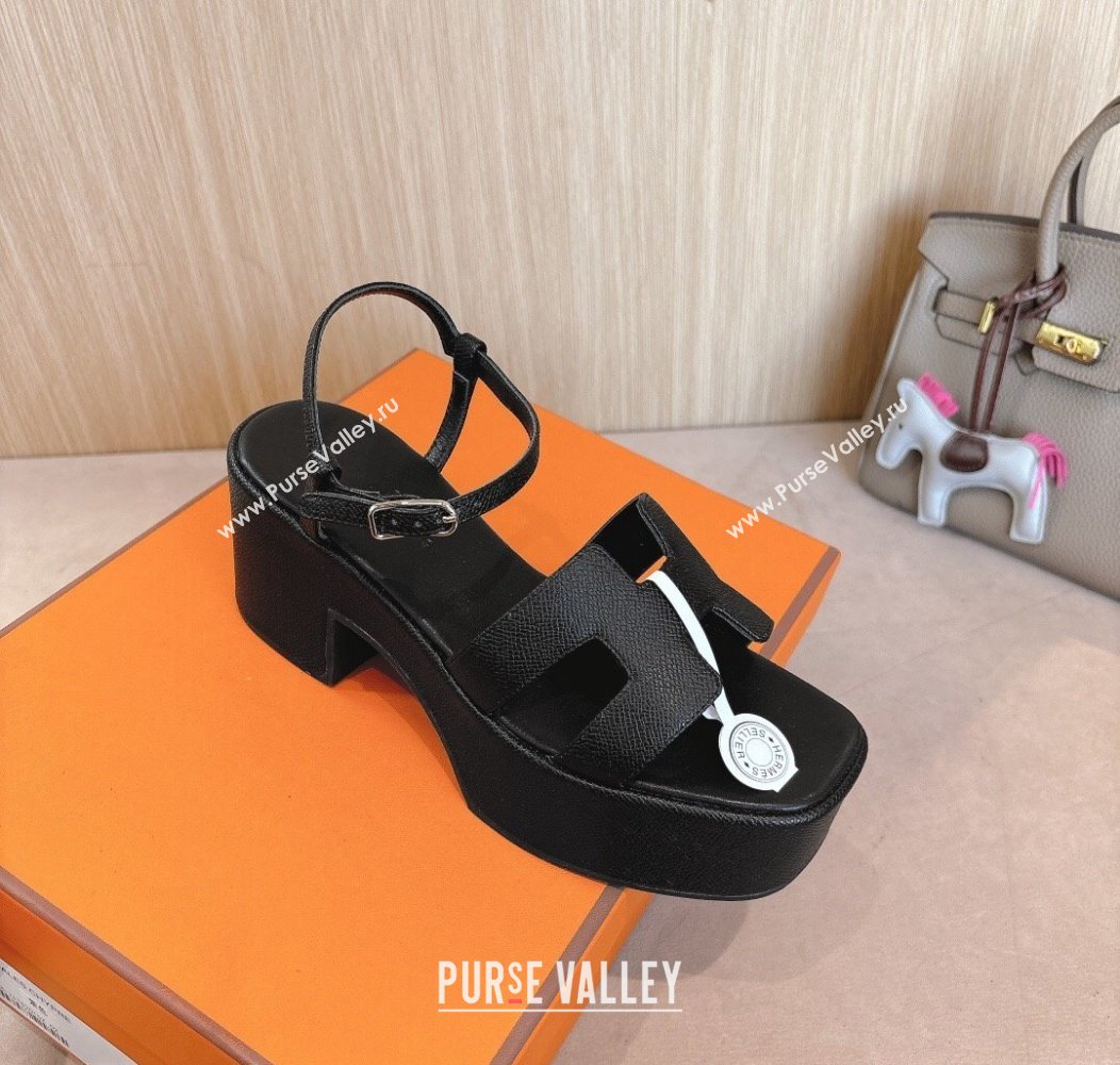 Hermes Jam Platform Sandals 7.5cm in Grained Leather Black 2024 (MD-241230148)