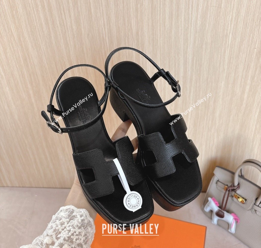 Hermes Jam Platform Sandals 7.5cm in Grained Leather Black 2024 (MD-241230148)