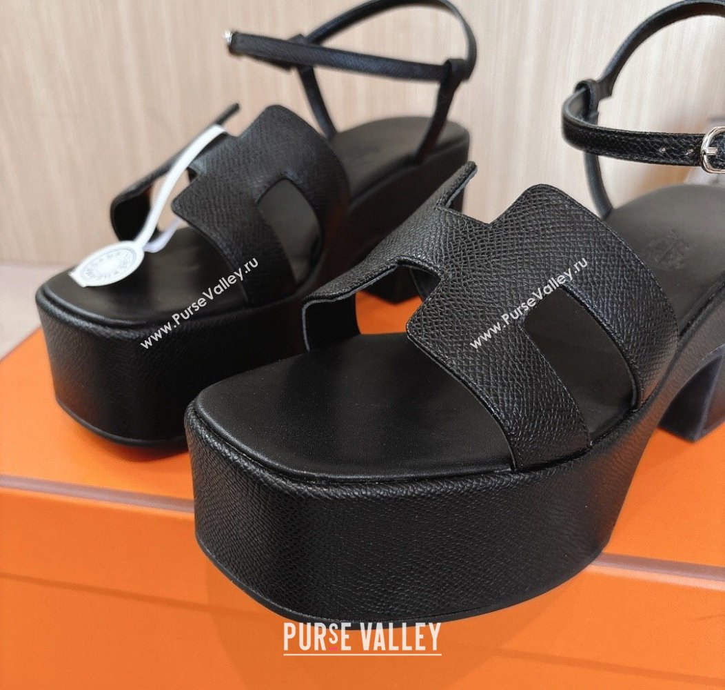 Hermes Jam Platform Sandals 7.5cm in Grained Leather Black 2024 (MD-241230148)