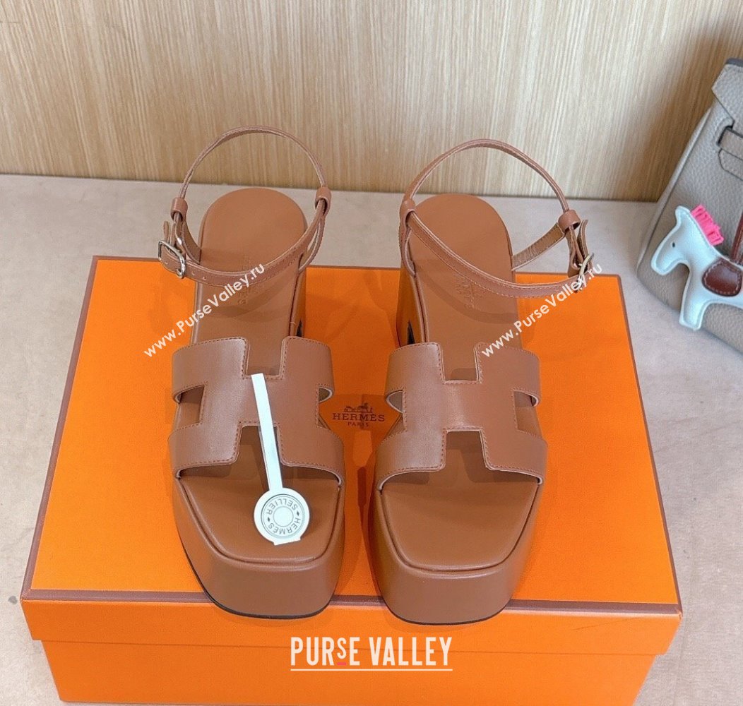 Hermes Jam Platform Sandals 7.5cm in Calfskin Leather Brown 2024 (MD-241230149)