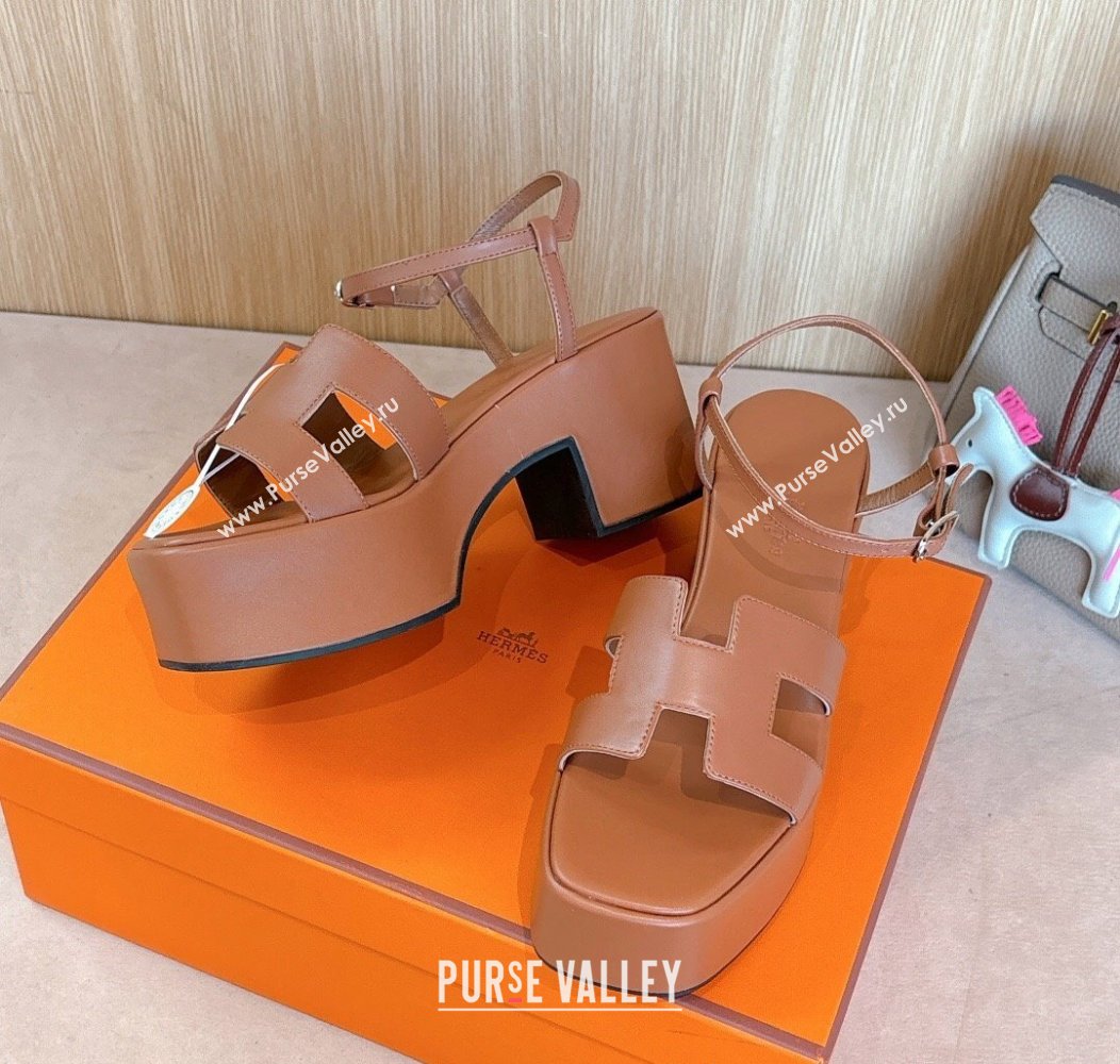 Hermes Jam Platform Sandals 7.5cm in Calfskin Leather Brown 2024 (MD-241230149)