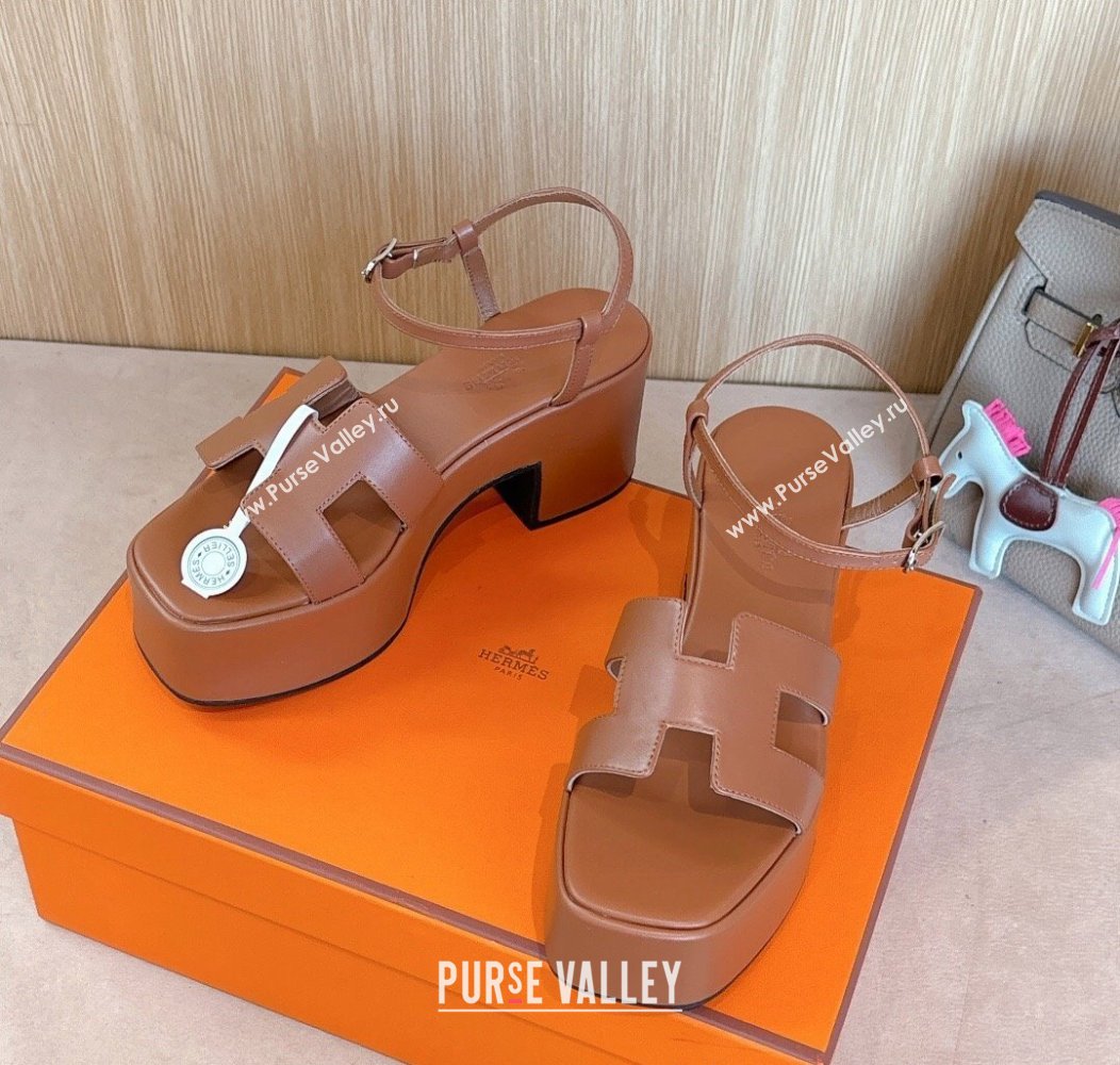 Hermes Jam Platform Sandals 7.5cm in Calfskin Leather Brown 2024 (MD-241230149)