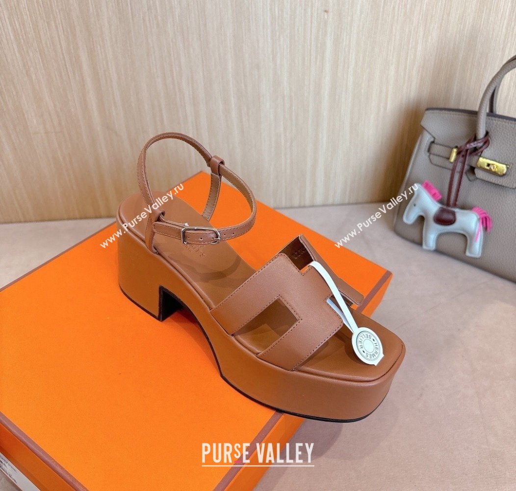 Hermes Jam Platform Sandals 7.5cm in Calfskin Leather Brown 2024 (MD-241230149)