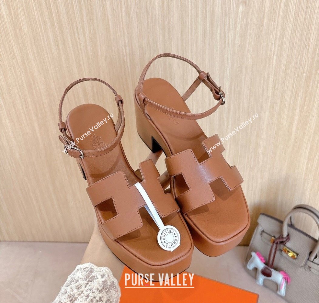 Hermes Jam Platform Sandals 7.5cm in Calfskin Leather Brown 2024 (MD-241230149)