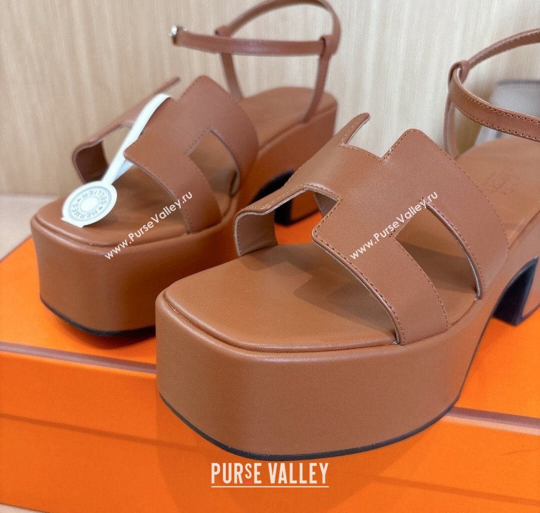 Hermes Jam Platform Sandals 7.5cm in Calfskin Leather Brown 2024 (MD-241230149)