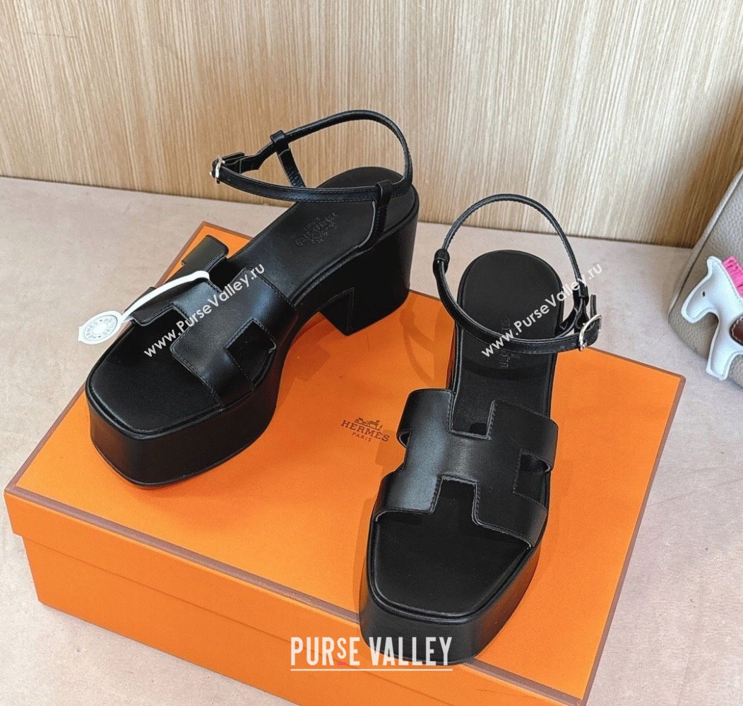 Hermes Jam Platform Sandals 7.5cm in Calfskin Leather Black 2024 (MD-241230151)