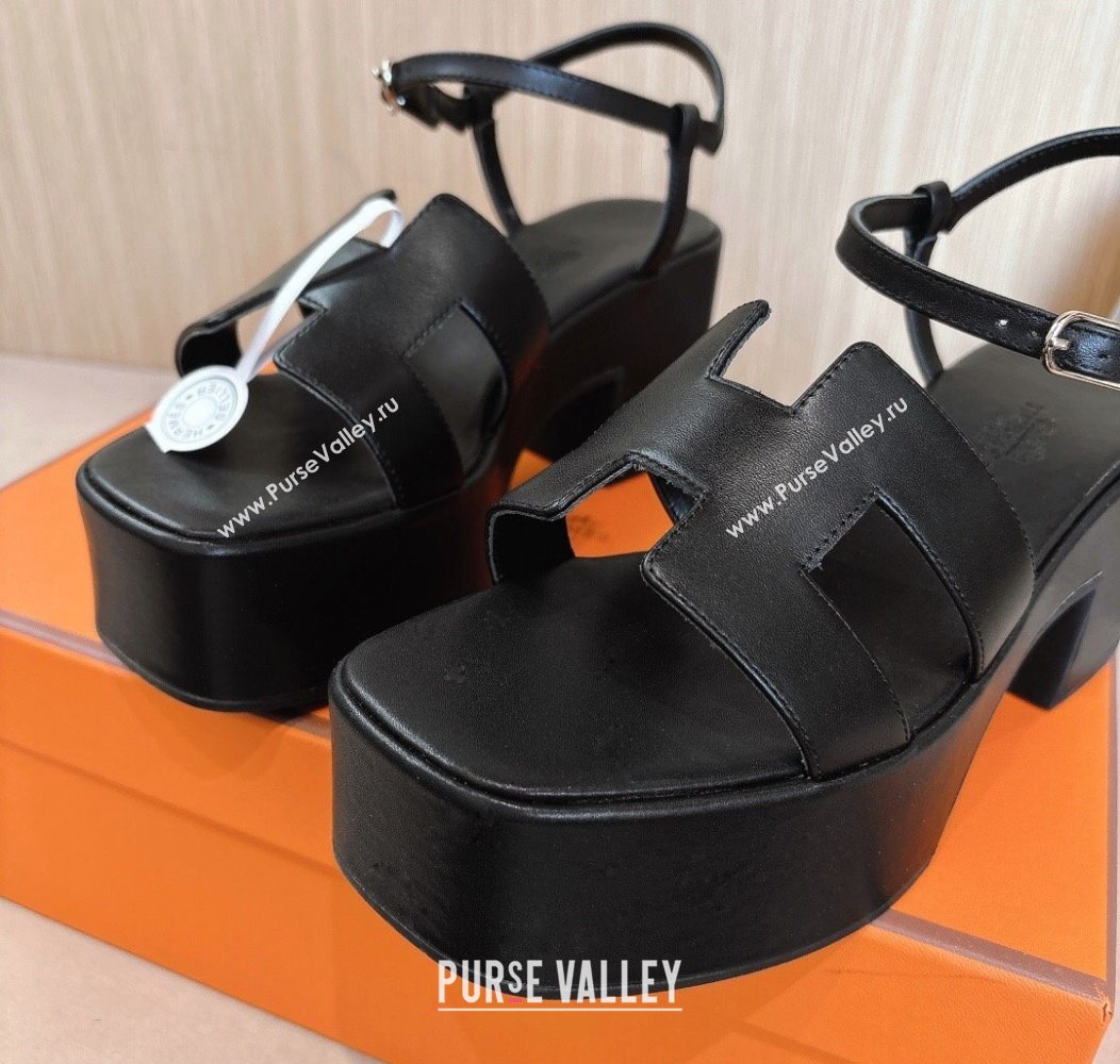 Hermes Jam Platform Sandals 7.5cm in Calfskin Leather Black 2024 (MD-241230151)