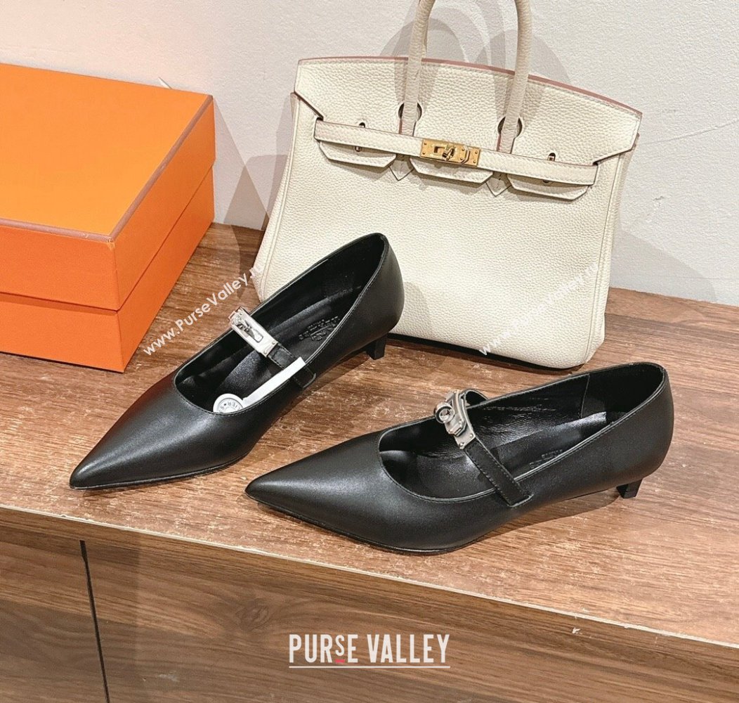 Hermes Kiara Mary Janes Pumps 4cm in Calfskin with Kelly buckle Black 2024 (MD-241230088)