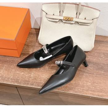 Hermes Kiara Mary Janes Pumps 4cm in Calfskin with Kelly buckle Black 2024 (MD-241230088)