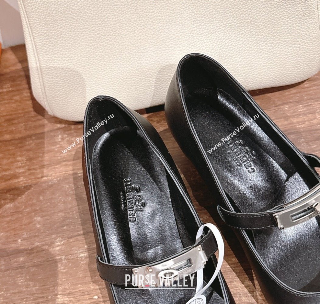 Hermes Kiara Mary Janes Pumps 4cm in Calfskin with Kelly buckle Black 2024 (MD-241230088)