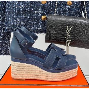 Hermes Elda Platform Wedge Sandals 8cm in Denim and Leather Blue 2024 (MD-241230091)