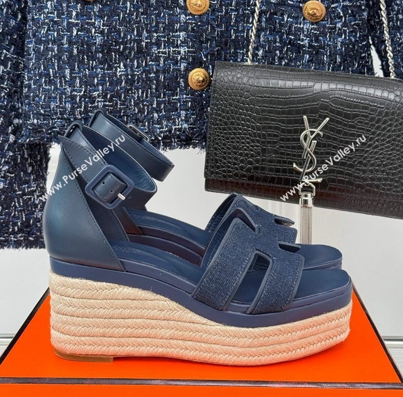 Hermes Elda Platform Wedge Sandals 8cm in Denim and Leather Blue 2024 (MD-241230091)