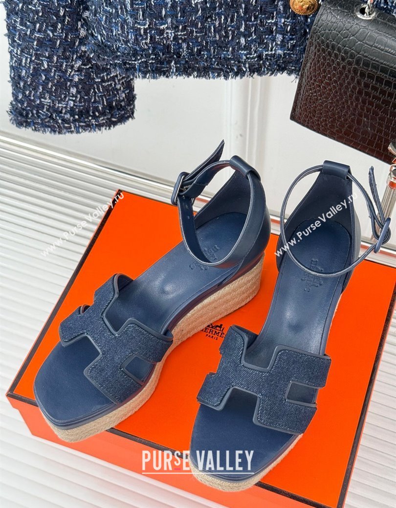 Hermes Elda Platform Wedge Sandals 8cm in Denim and Leather Blue 2024 (MD-241230091)