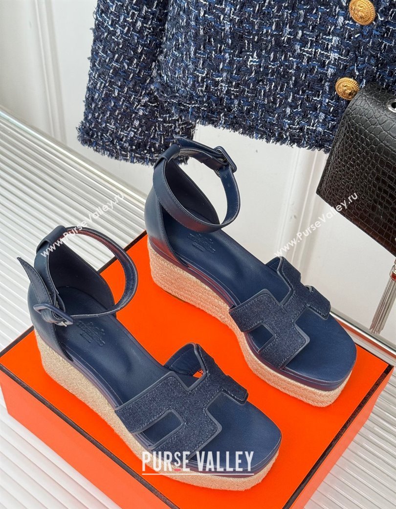 Hermes Elda Platform Wedge Sandals 8cm in Denim and Leather Blue 2024 (MD-241230091)