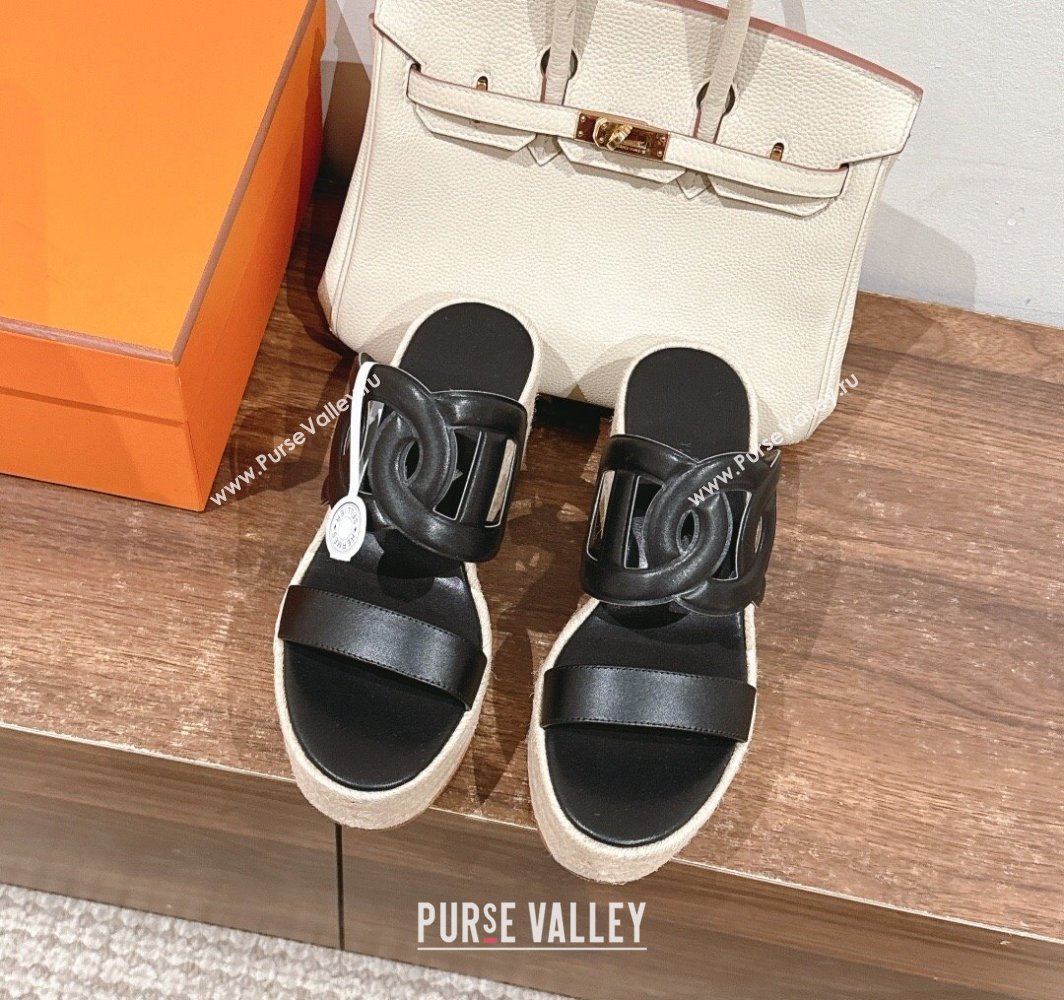 Hermes Ithea 30 Espadrille Platform Slides Sandal 8cm in Nappa Leather Black Upper 2025 (MD-250226112)