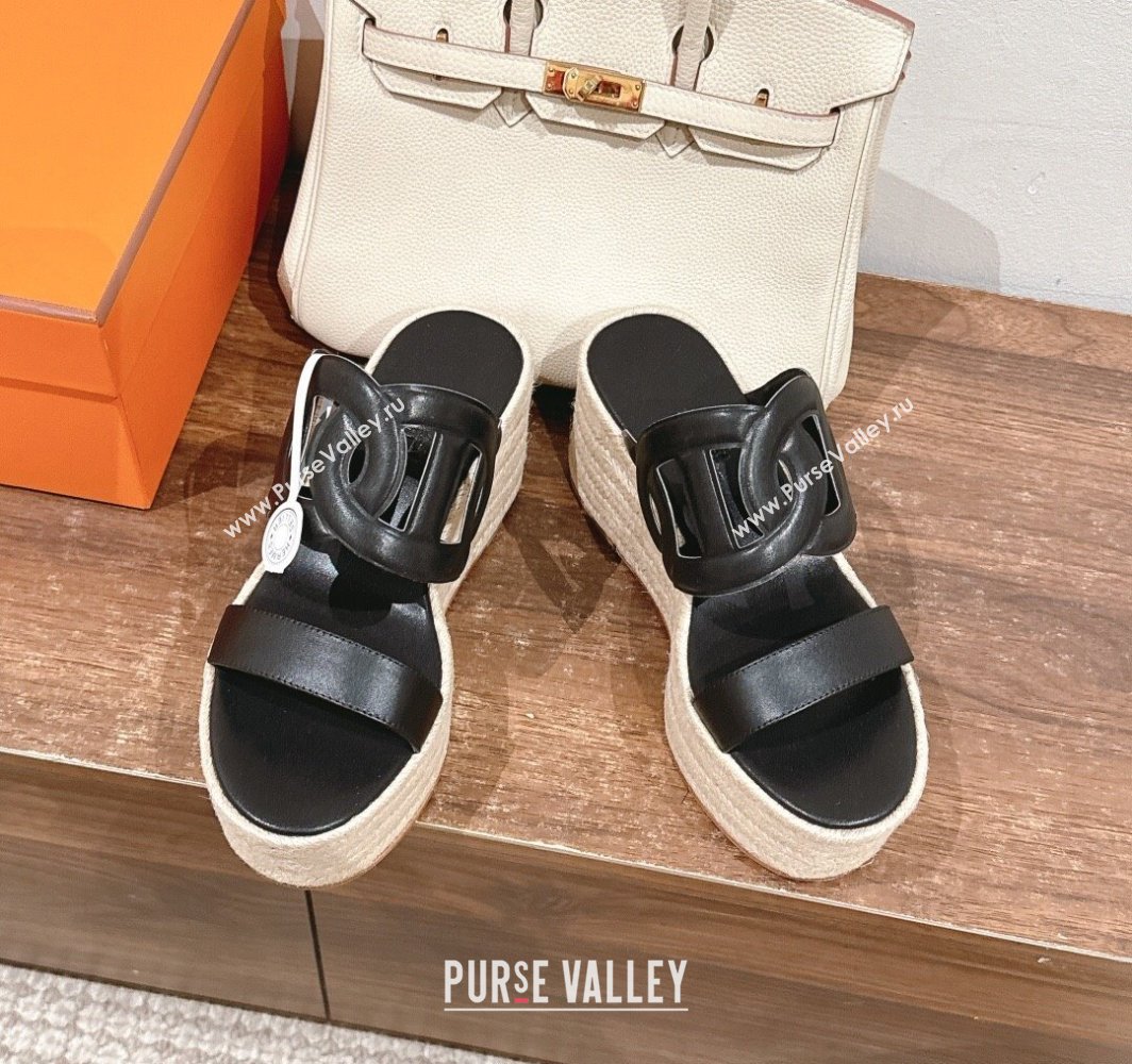 Hermes Ithea 30 Espadrille Platform Slides Sandal 8cm in Nappa Leather Black Upper 2025 (MD-250226112)