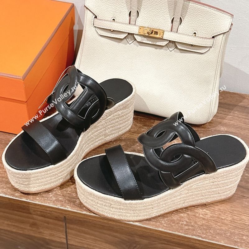 Hermes Ithea 30 Espadrille Platform Slides Sandal 8cm in Nappa Leather Black Upper 2025 (MD-250226112)