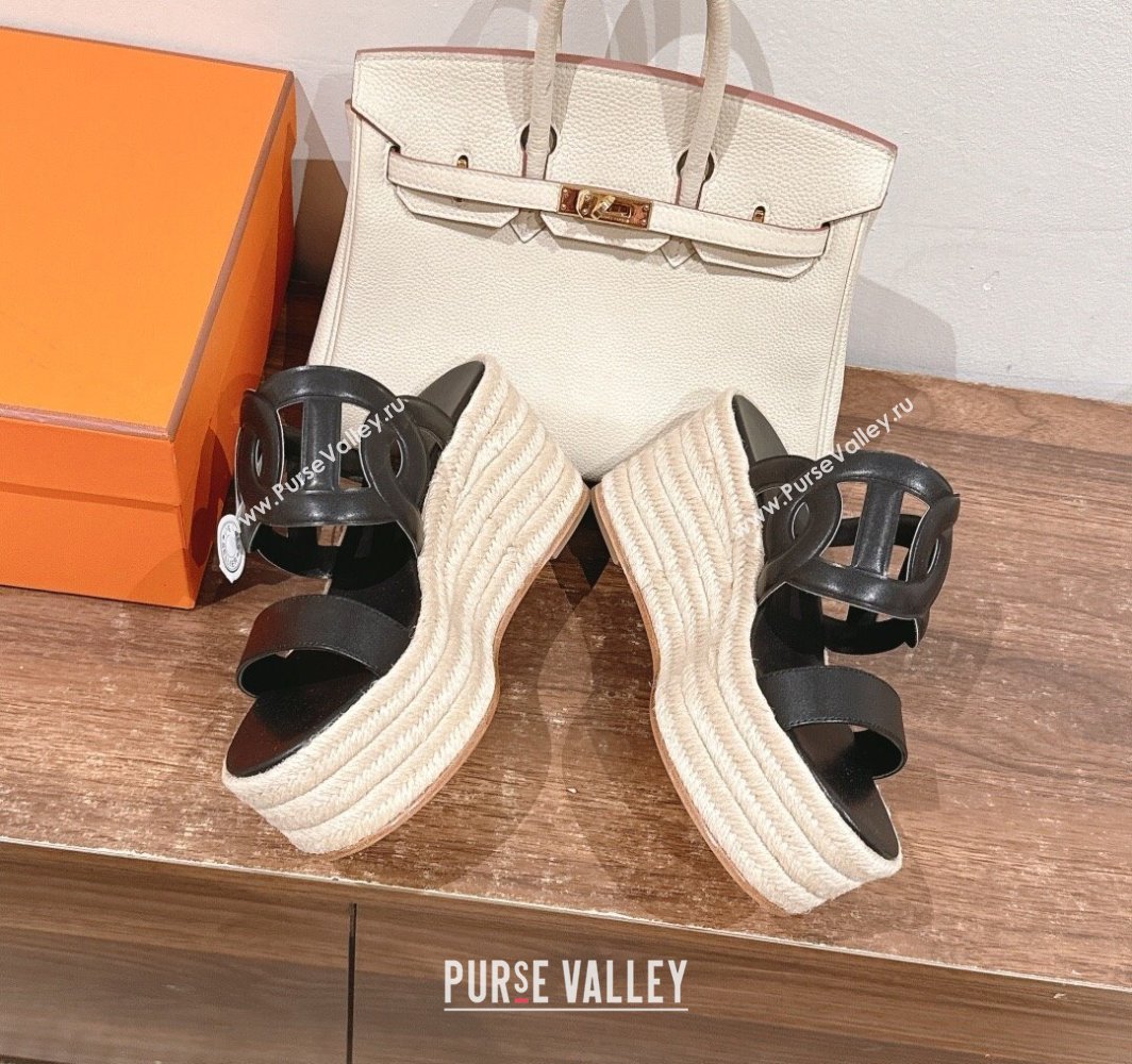 Hermes Ithea 30 Espadrille Platform Slides Sandal 8cm in Nappa Leather Black Upper 2025 (MD-250226112)