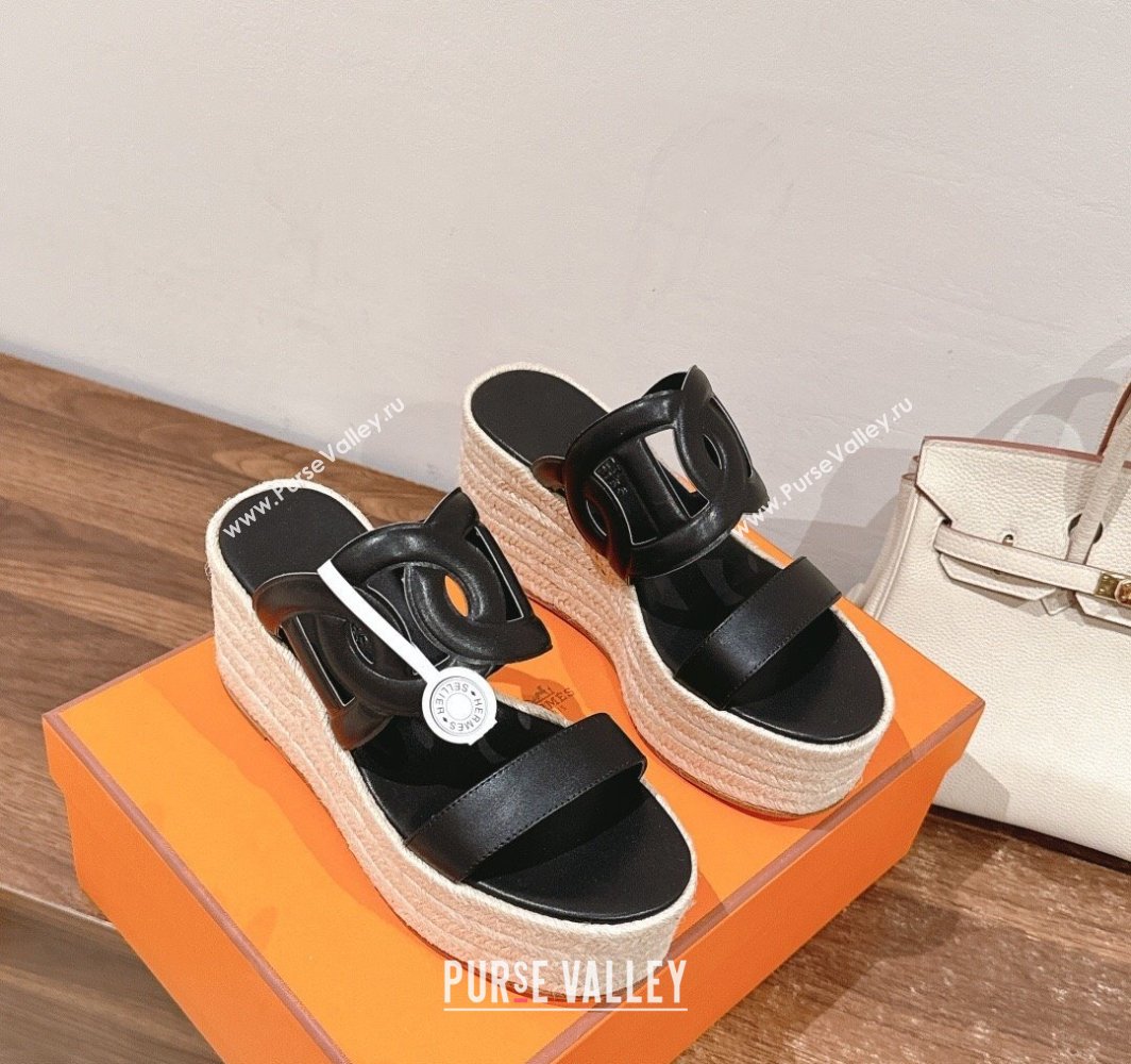 Hermes Ithea 30 Espadrille Platform Slides Sandal 8cm in Nappa Leather Black Upper 2025 (MD-250226112)