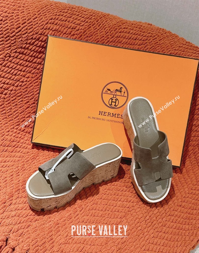 Hermes Eze 30 Platform Slides Sandal 6.5cm in Suede Dark Grey 2025 (MD-250226118)