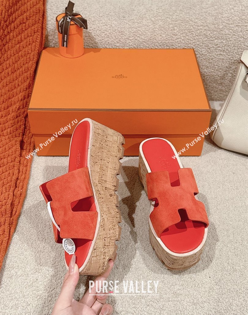 Hermes Eze 30 Platform Slides Sandal 6.5cm in Suede Orange 2025 (MD-250226119)