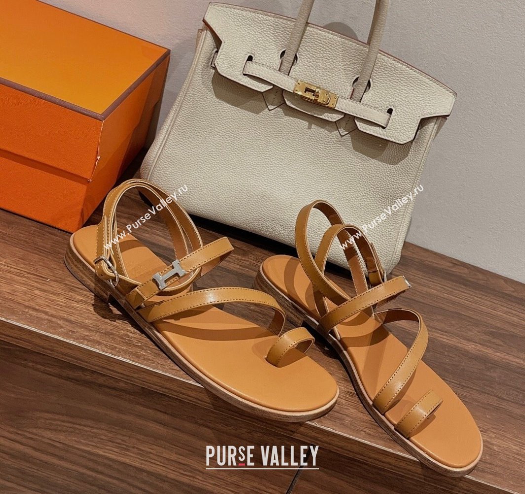 Hermes Harmonie Flat Sandals in Calfskin with Ankle Strap Brown 2025 (MD-250226099)