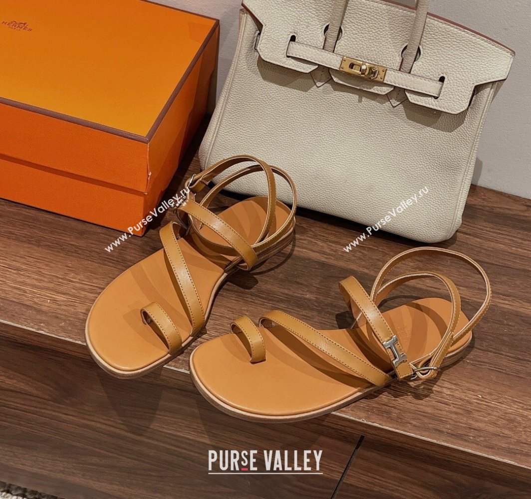 Hermes Harmonie Flat Sandals in Calfskin with Ankle Strap Brown 2025 (MD-250226099)